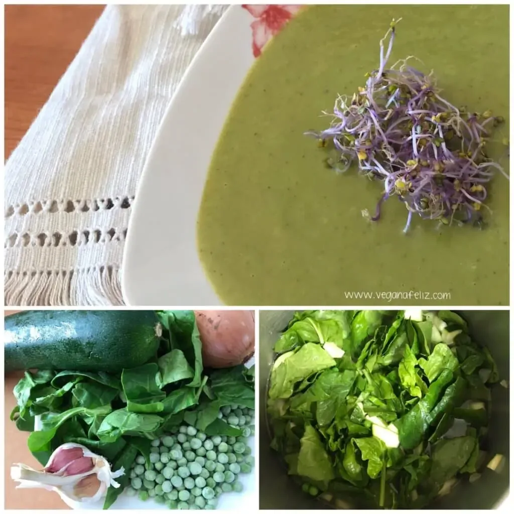 Crema de calabacín con guisantes y espinacas