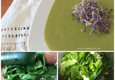Crema de calabacín con guisantes y espinacas