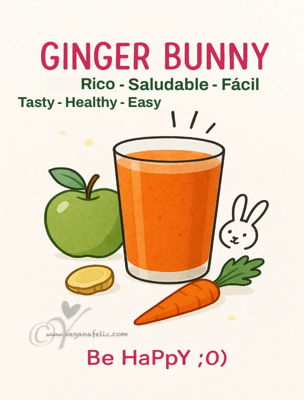 Zumo Ginger Bunny con manzana, zanahoria y jengibre. Receta vegana y saludable de Veganafeliz.